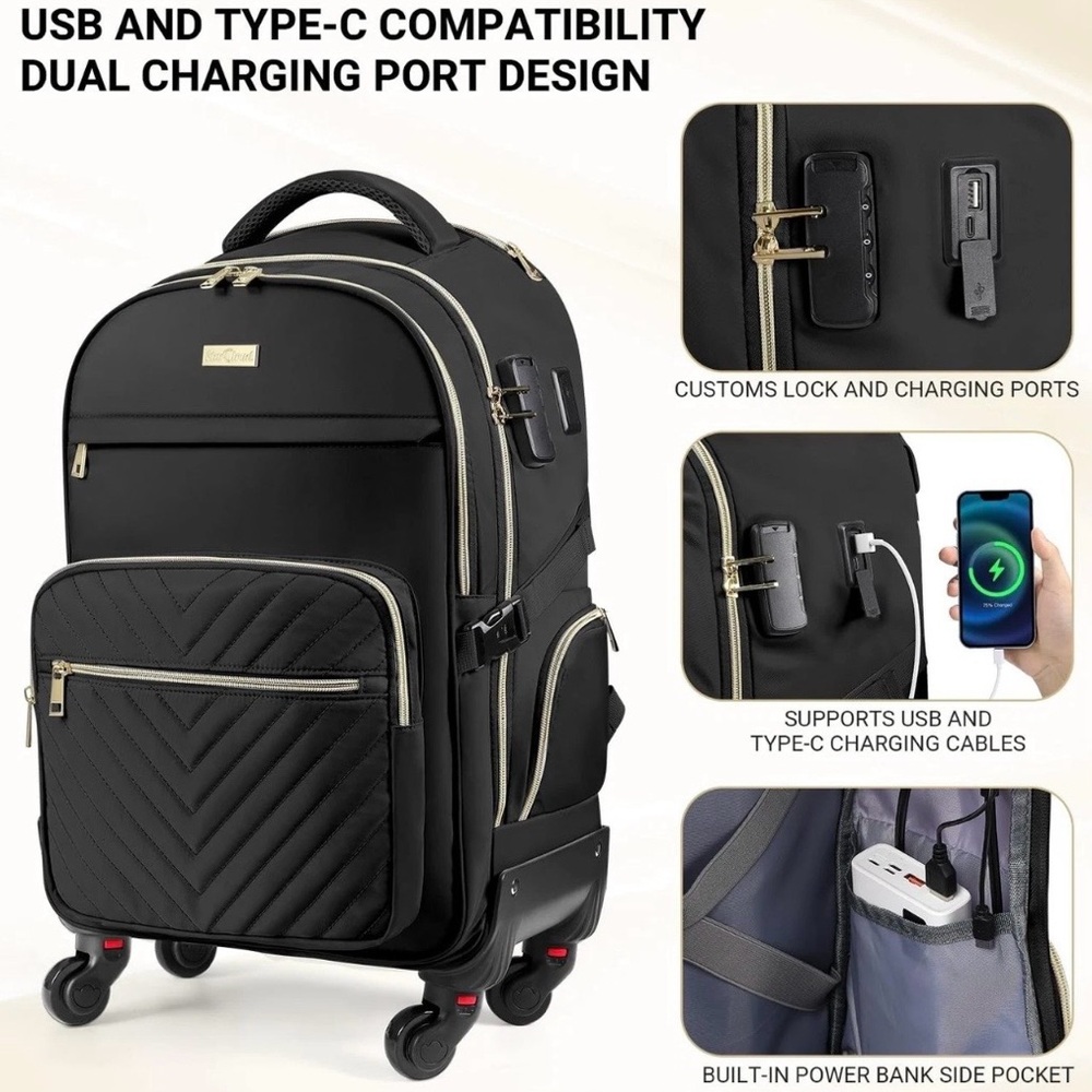 Star Cloud Rolling Backpack Carry On USB Type-C 21x14x9 Black NWT - Picture 5 of 9